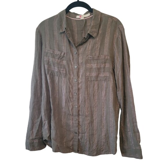 Boden Green Linen Metallic Striped Button Down Shirt Size 8 - Picture 1 of 6